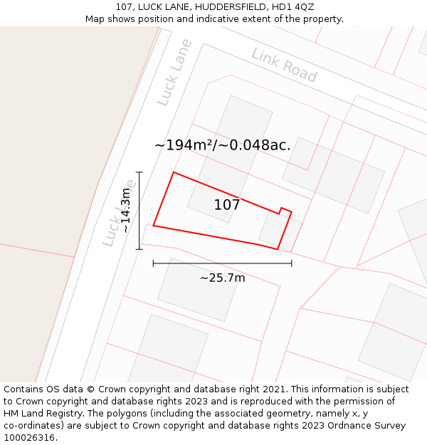 107, LUCK LANE, HUDDERSFIELD, HD1 4QZ: Plot and title map