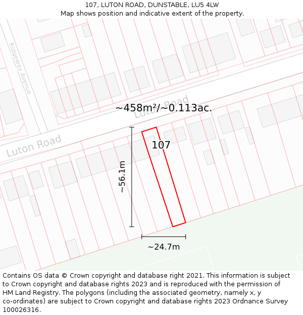 107, LUTON ROAD, DUNSTABLE, LU5 4LW: Plot and title map