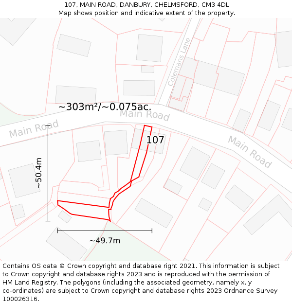 107, MAIN ROAD, DANBURY, CHELMSFORD, CM3 4DL: Plot and title map