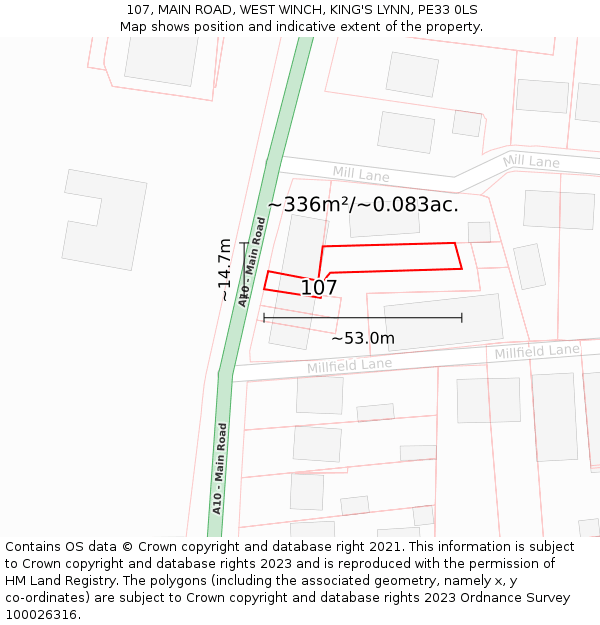 107, MAIN ROAD, WEST WINCH, KING'S LYNN, PE33 0LS: Plot and title map