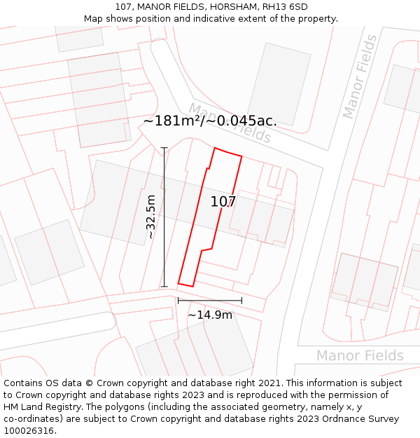 107, MANOR FIELDS, HORSHAM, RH13 6SD: Plot and title map