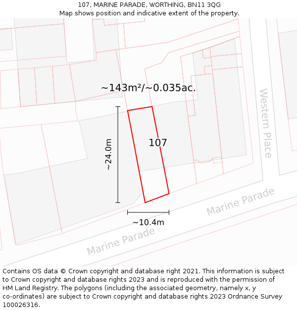 107, MARINE PARADE, WORTHING, BN11 3QG: Plot and title map