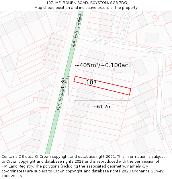 107, MELBOURN ROAD, ROYSTON, SG8 7DG: Plot and title map