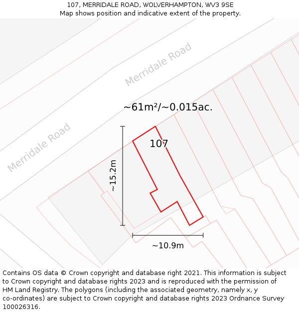 107, MERRIDALE ROAD, WOLVERHAMPTON, WV3 9SE: Plot and title map