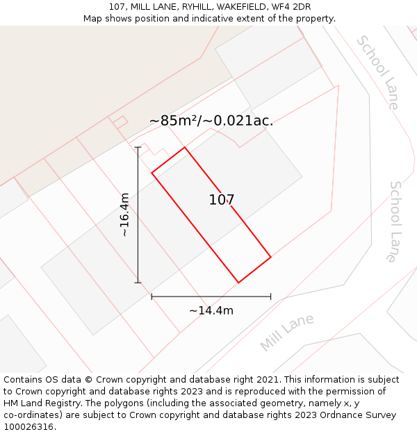107, MILL LANE, RYHILL, WAKEFIELD, WF4 2DR: Plot and title map