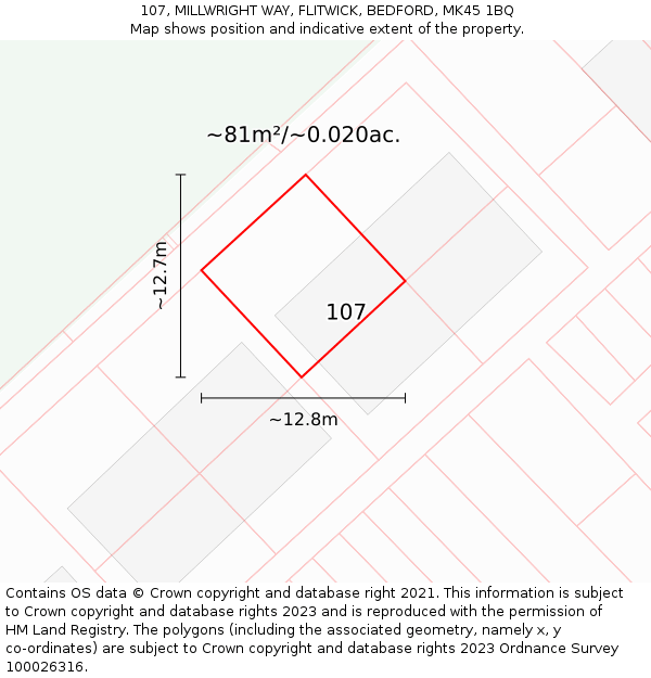 107, MILLWRIGHT WAY, FLITWICK, BEDFORD, MK45 1BQ: Plot and title map