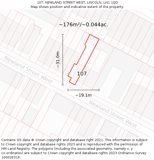 107, NEWLAND STREET WEST, LINCOLN, LN1 1QD: Plot and title map