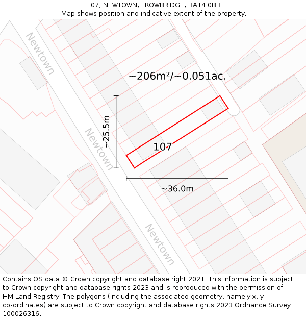 107, NEWTOWN, TROWBRIDGE, BA14 0BB: Plot and title map