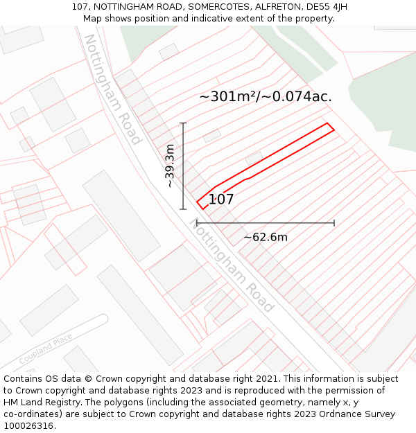 107, NOTTINGHAM ROAD, SOMERCOTES, ALFRETON, DE55 4JH: Plot and title map