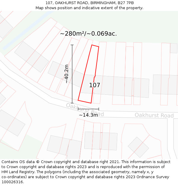 107, OAKHURST ROAD, BIRMINGHAM, B27 7PB: Plot and title map