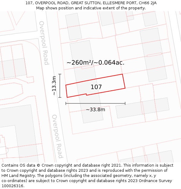107, OVERPOOL ROAD, GREAT SUTTON, ELLESMERE PORT, CH66 2JA: Plot and title map
