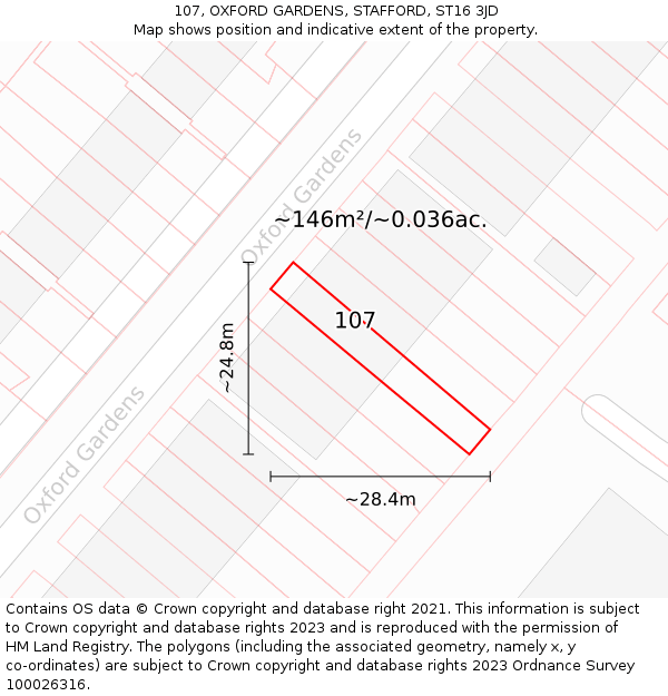 107, OXFORD GARDENS, STAFFORD, ST16 3JD: Plot and title map