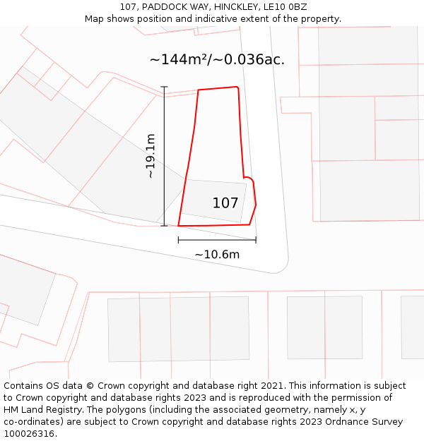 107, PADDOCK WAY, HINCKLEY, LE10 0BZ: Plot and title map