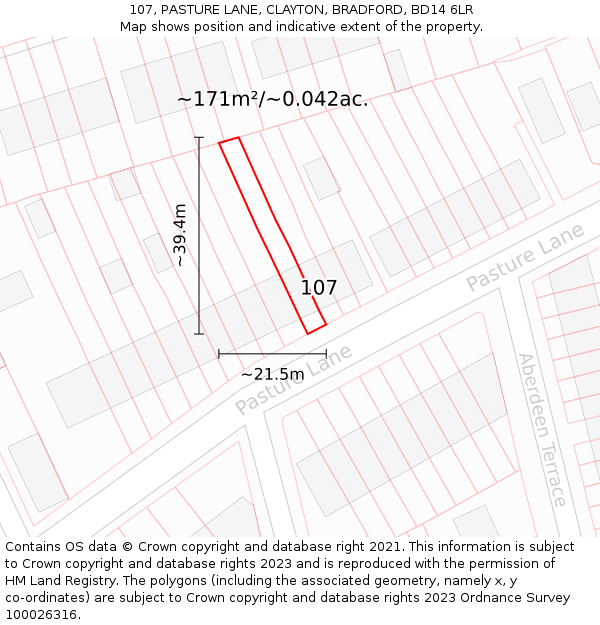 107, PASTURE LANE, CLAYTON, BRADFORD, BD14 6LR: Plot and title map