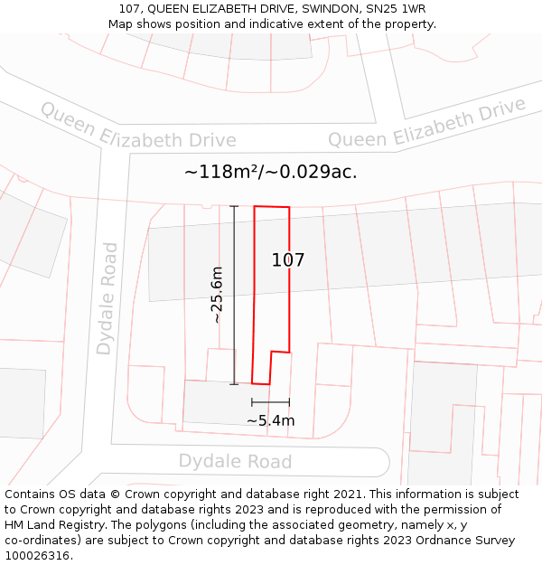 107, QUEEN ELIZABETH DRIVE, SWINDON, SN25 1WR: Plot and title map