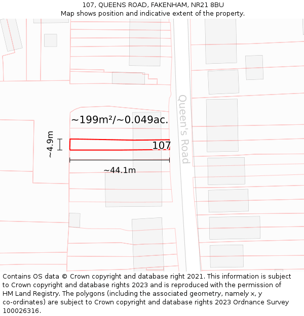107, QUEENS ROAD, FAKENHAM, NR21 8BU: Plot and title map