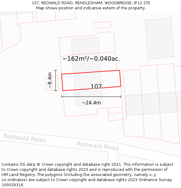 107, REDWALD ROAD, RENDLESHAM, WOODBRIDGE, IP12 2TE: Plot and title map