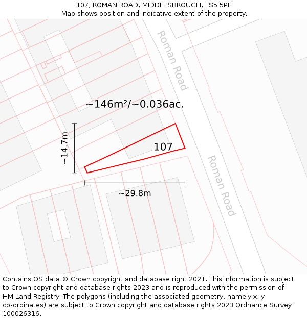 107, ROMAN ROAD, MIDDLESBROUGH, TS5 5PH: Plot and title map