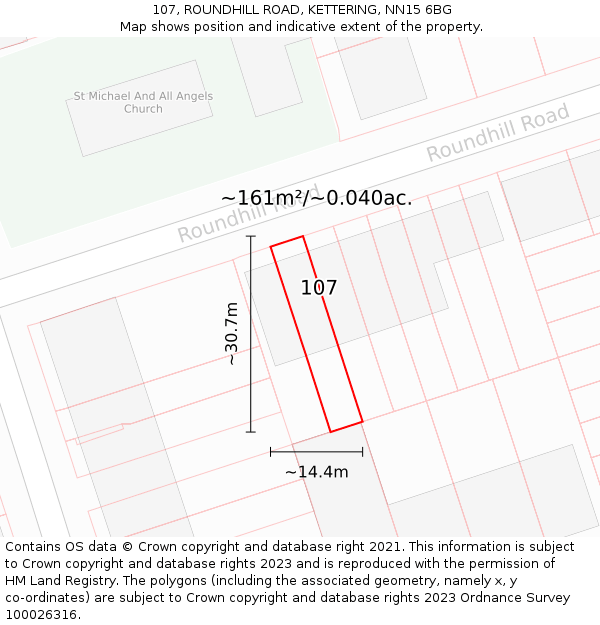107, ROUNDHILL ROAD, KETTERING, NN15 6BG: Plot and title map