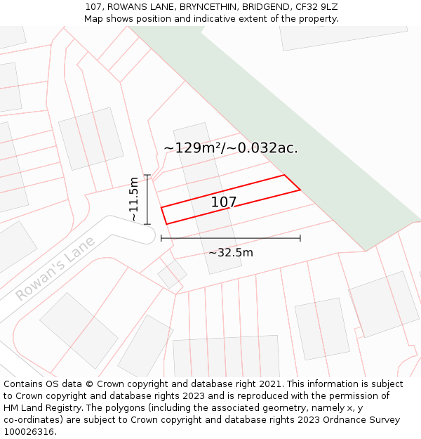 107, ROWANS LANE, BRYNCETHIN, BRIDGEND, CF32 9LZ: Plot and title map