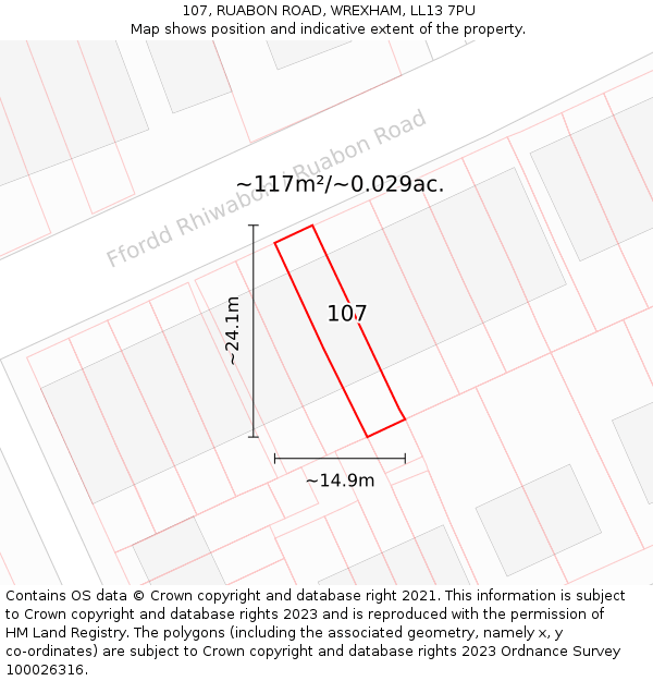107, RUABON ROAD, WREXHAM, LL13 7PU: Plot and title map