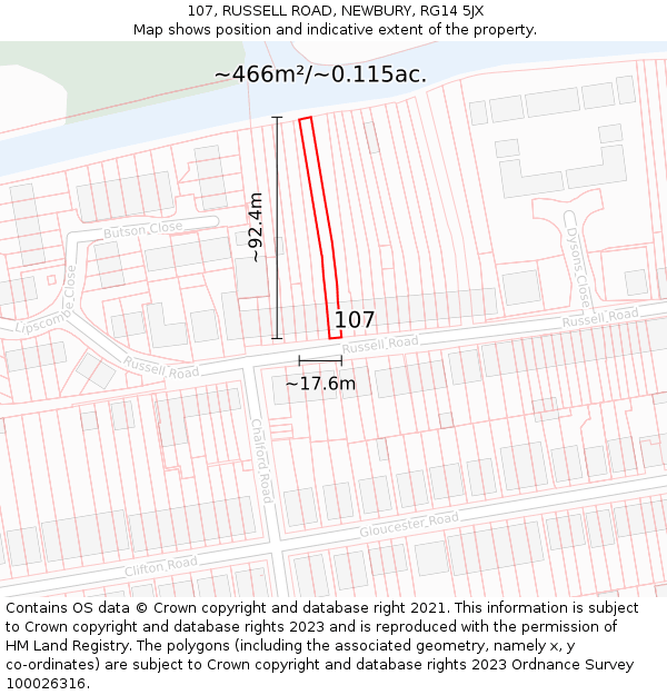 107, RUSSELL ROAD, NEWBURY, RG14 5JX: Plot and title map