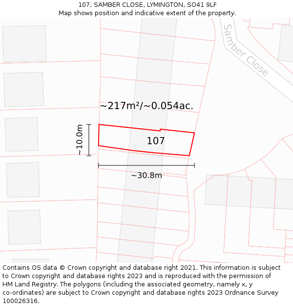 107, SAMBER CLOSE, LYMINGTON, SO41 9LF: Plot and title map
