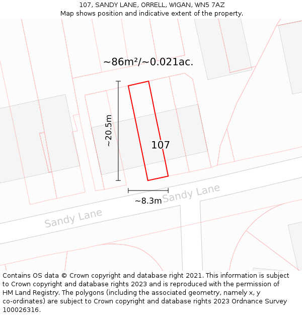107, SANDY LANE, ORRELL, WIGAN, WN5 7AZ: Plot and title map