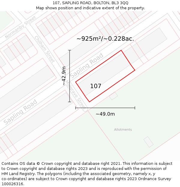 107, SAPLING ROAD, BOLTON, BL3 3QQ: Plot and title map