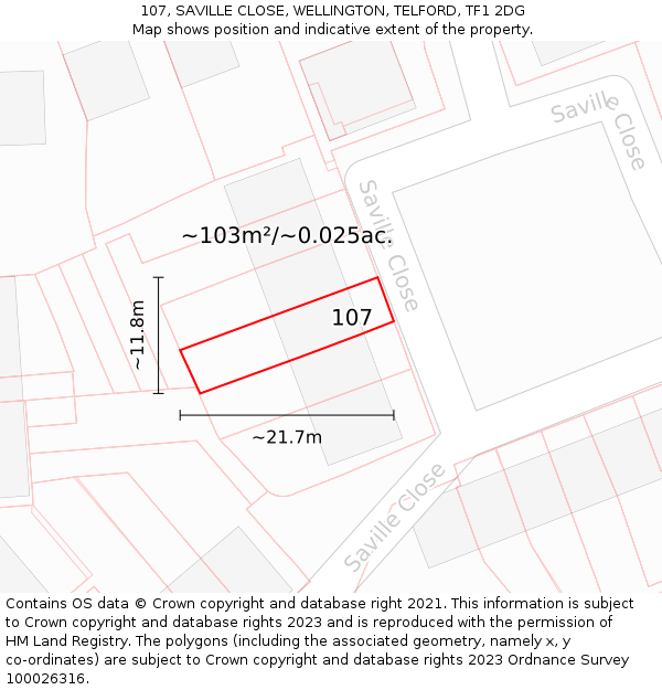 107, SAVILLE CLOSE, WELLINGTON, TELFORD, TF1 2DG: Plot and title map