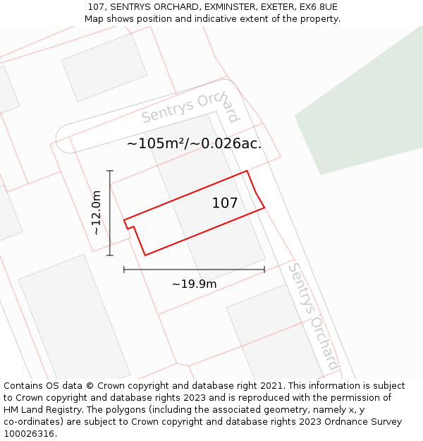 107, SENTRYS ORCHARD, EXMINSTER, EXETER, EX6 8UE: Plot and title map
