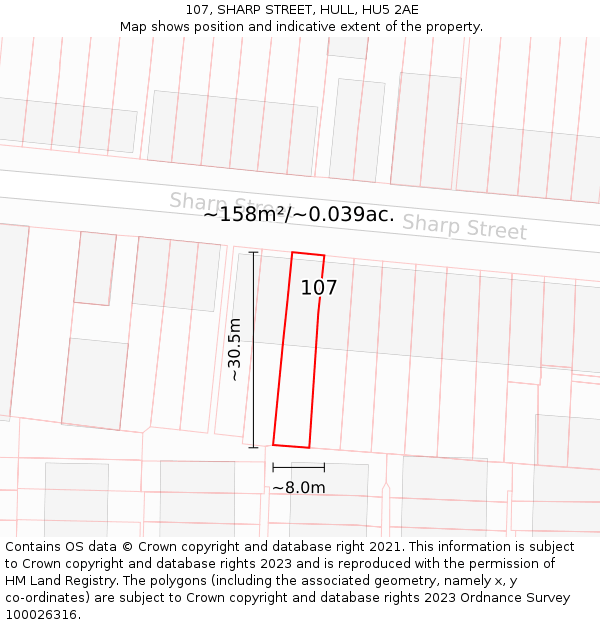 107, SHARP STREET, HULL, HU5 2AE: Plot and title map