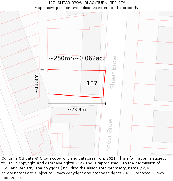 107, SHEAR BROW, BLACKBURN, BB1 8EA: Plot and title map
