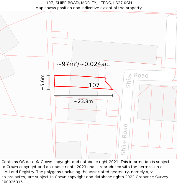 107, SHIRE ROAD, MORLEY, LEEDS, LS27 0SN: Plot and title map