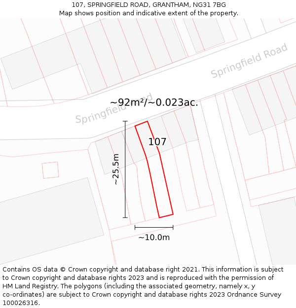 107, SPRINGFIELD ROAD, GRANTHAM, NG31 7BG: Plot and title map