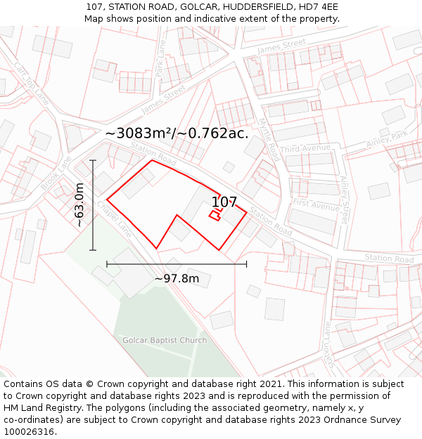 107, STATION ROAD, GOLCAR, HUDDERSFIELD, HD7 4EE: Plot and title map