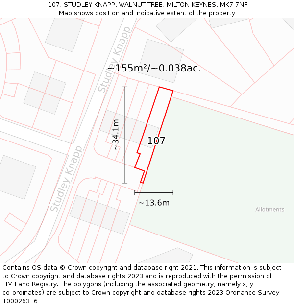 107, STUDLEY KNAPP, WALNUT TREE, MILTON KEYNES, MK7 7NF: Plot and title map