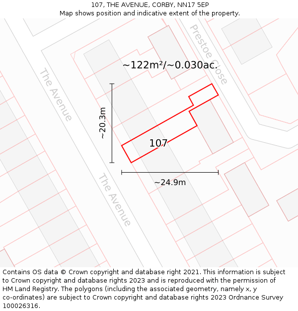 107, THE AVENUE, CORBY, NN17 5EP: Plot and title map