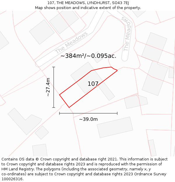 107, THE MEADOWS, LYNDHURST, SO43 7EJ: Plot and title map