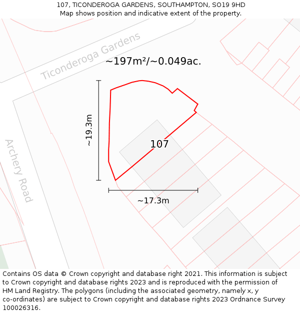 107, TICONDEROGA GARDENS, SOUTHAMPTON, SO19 9HD: Plot and title map