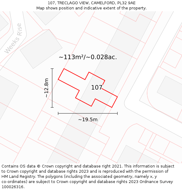 107, TRECLAGO VIEW, CAMELFORD, PL32 9AE: Plot and title map