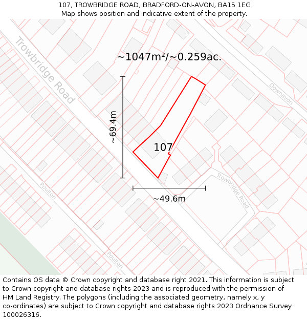 107, TROWBRIDGE ROAD, BRADFORD-ON-AVON, BA15 1EG: Plot and title map
