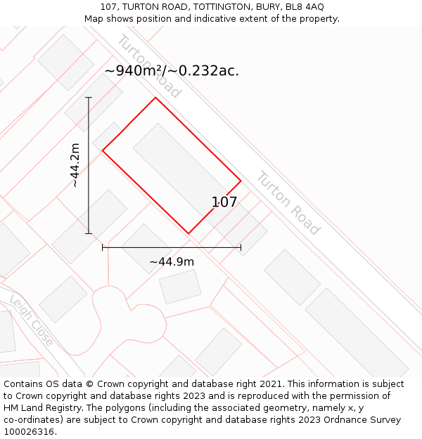 107, TURTON ROAD, TOTTINGTON, BURY, BL8 4AQ: Plot and title map