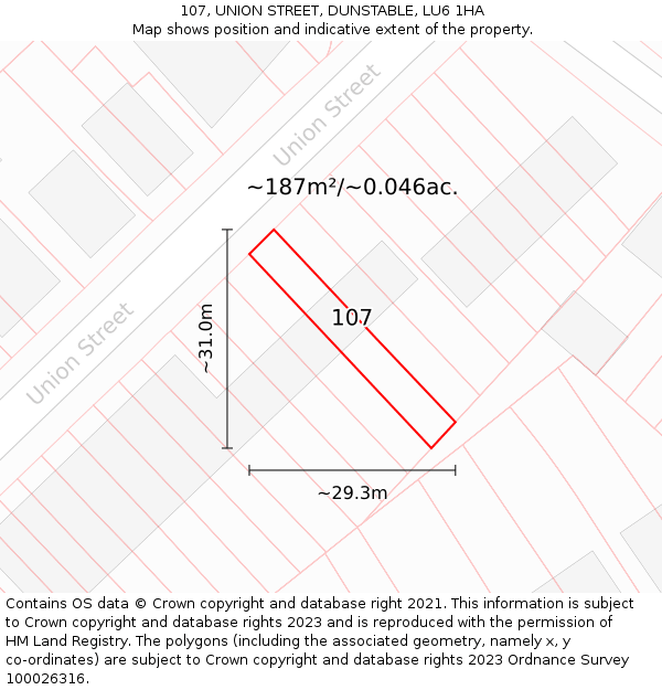 107, UNION STREET, DUNSTABLE, LU6 1HA: Plot and title map