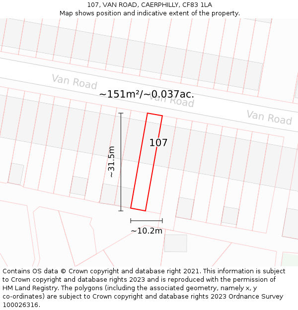 107, VAN ROAD, CAERPHILLY, CF83 1LA: Plot and title map