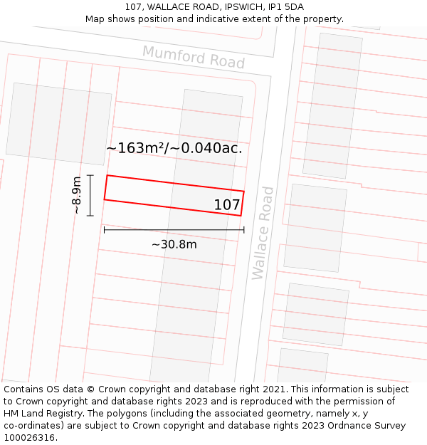 107, WALLACE ROAD, IPSWICH, IP1 5DA: Plot and title map