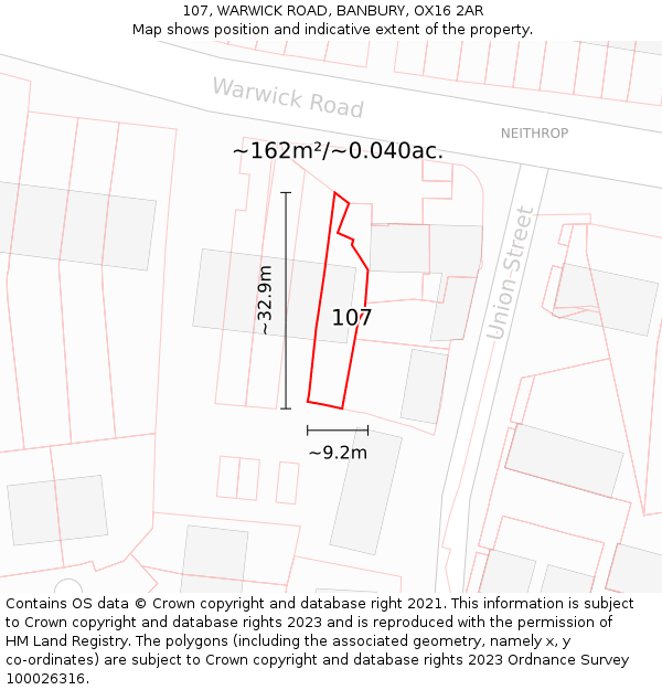107, WARWICK ROAD, BANBURY, OX16 2AR: Plot and title map
