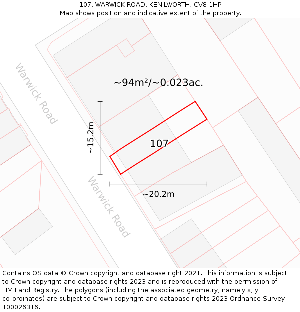 107, WARWICK ROAD, KENILWORTH, CV8 1HP: Plot and title map