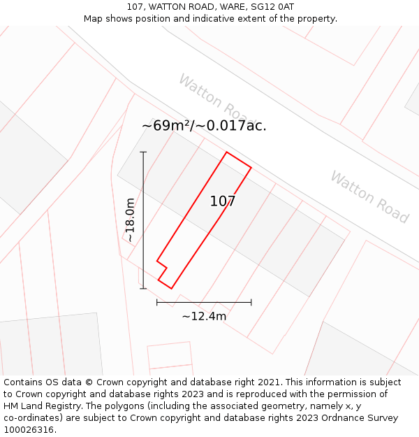 107, WATTON ROAD, WARE, SG12 0AT: Plot and title map