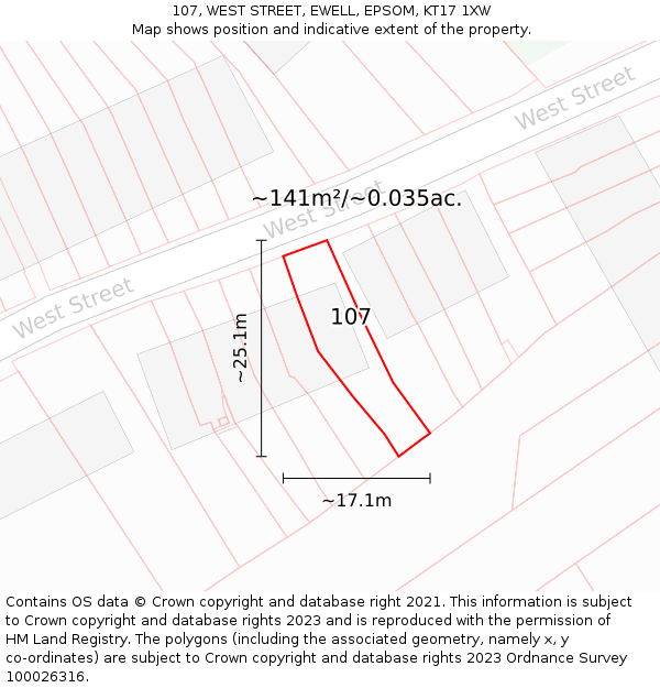107, WEST STREET, EWELL, EPSOM, KT17 1XW: Plot and title map